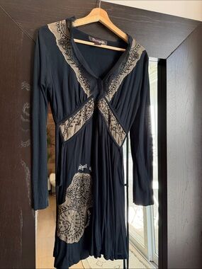 Desigual Black Long-Sleeve Embroidered Wrap Dress with Beige Accents